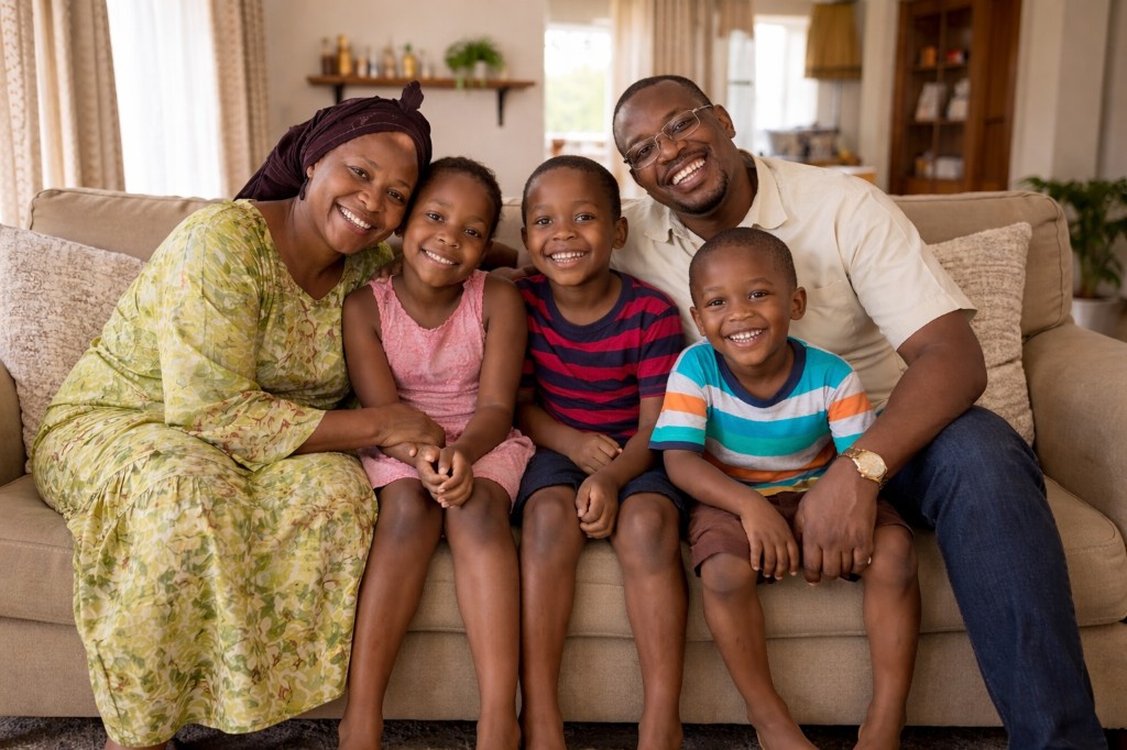 Happy family sitting together